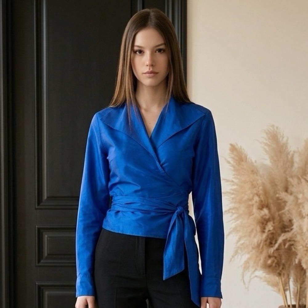 Pauw Amsterdam Royal Blue 100% Silk Wrap Blouse Tie Waist Notched Collar Size 3